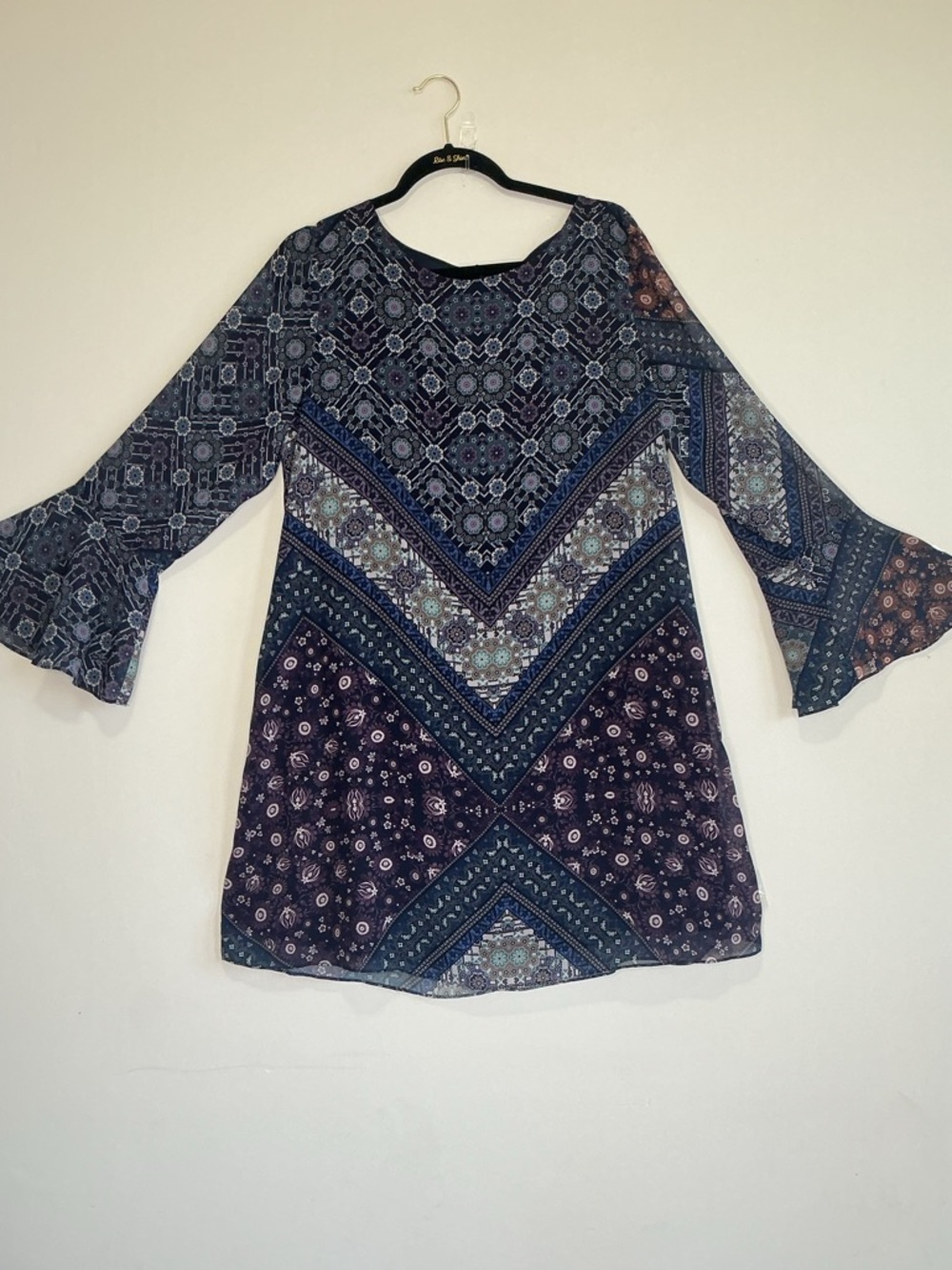 Cremieux Dress L Navy  Boho Patchwork Print Flowy Bell Sheer Sleeve dark Cottage